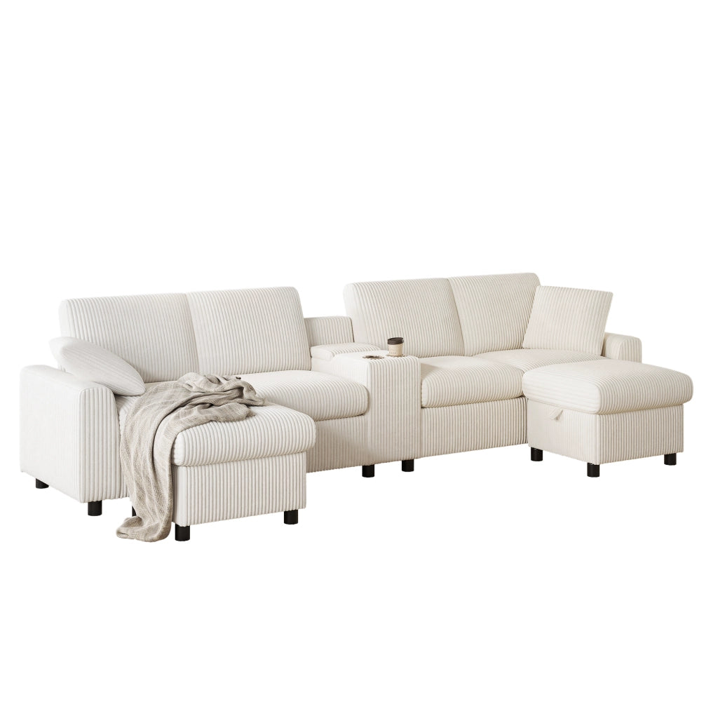 Divano U in tessuto boucl¨¦ beige con 2 pouf contenitore, tavolino laterale, porte USB e prese di corrente, 315¡Á135¡Á81 cm