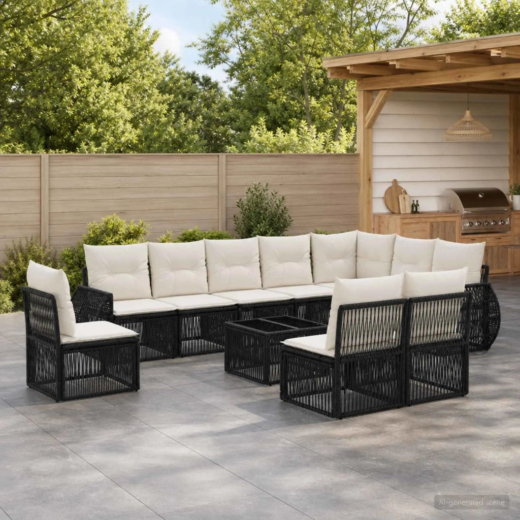Set Divano da Giardino 11 pz Nero e Bianco Crema polyrattan 3435448