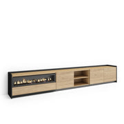Mobile TV Soggiorno, 310x50x37 cm, Per TV fino a 80", Camino elettrico, LED, Rovere e nero