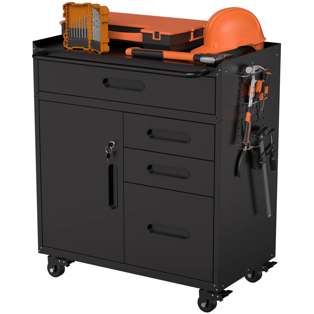 Mobile contenitore con anta chiudibile e 4 cassetti; ruote con freno per garage e officina; in metallo; 75×42×87.3 cm