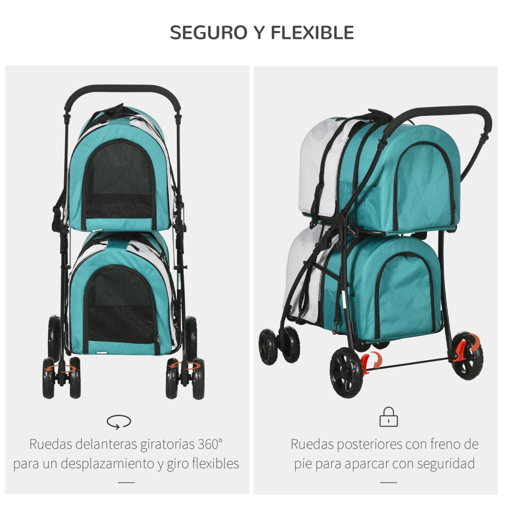 Passeggino Doppio per Animali Domestici ¨C Xylo ¨C Pieghevole con 2 Trasportini Rimovibili 66x50x98cm
