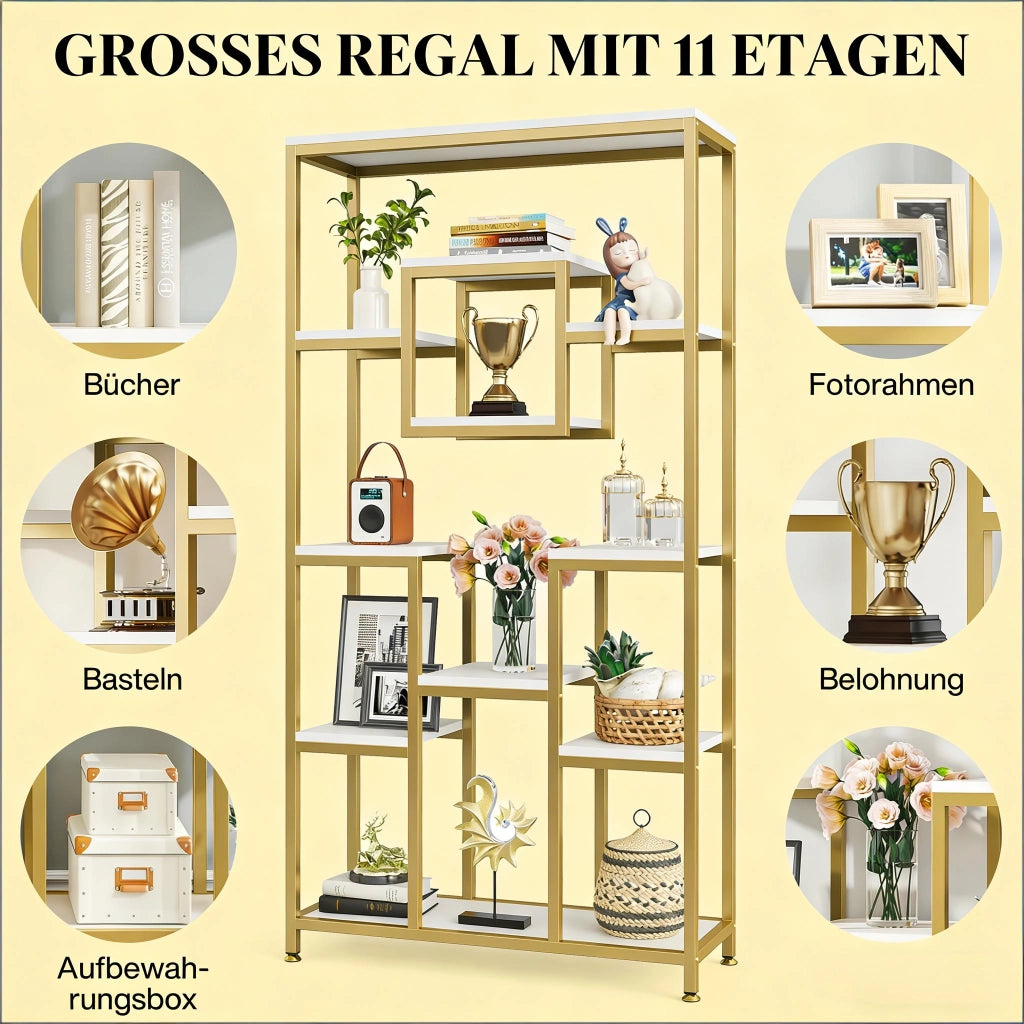 LIBRERIA Geometrica 11 ripiani aperti in metallo e legno oro e bianco