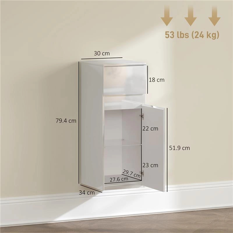 MOBILETTO BAGNO SOSPESO CON CASSETTO, ANTA LUCIDA E RIPIANO IN VETRO REGOLABILE, BIANCO