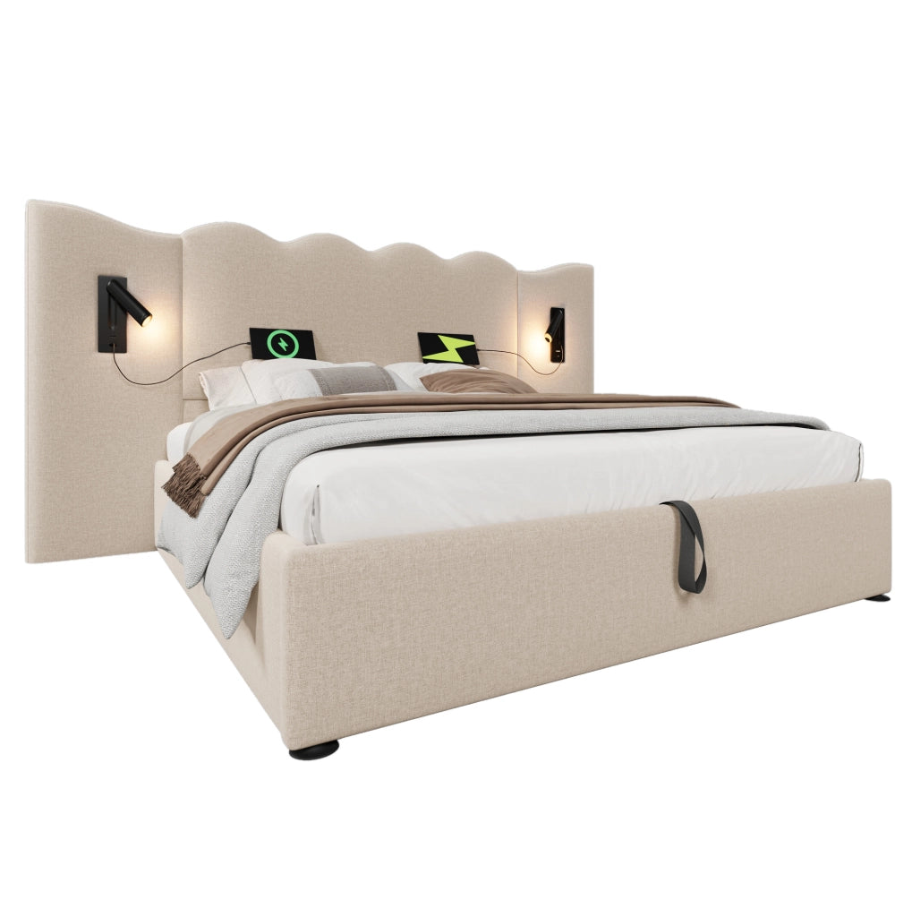 Letto matrimoniale 180x200 beige con luce, USB-C e contenitore