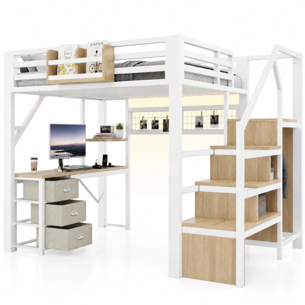 Letto a soppalco 140x200 cm con scrivania; 3 cassetti e LED in MDF e metallo bianco
