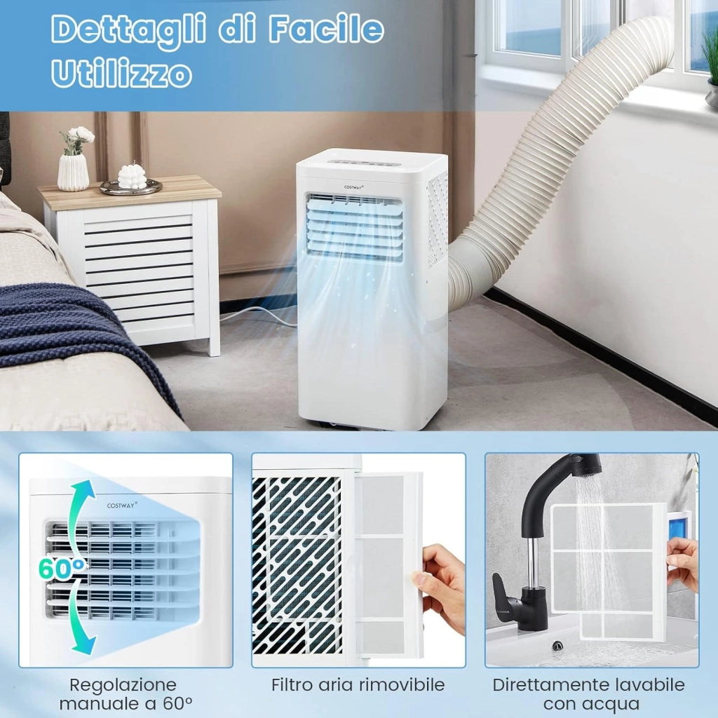 Condizionatore Portatile, 9000 BTU/2,5kW, 4 in 1 Con Raffreddamento, Ventola, Deumidificazione e Modalità Notturna, 24H Timer, Refrigerante R290 (9000BTU|20㎡+)