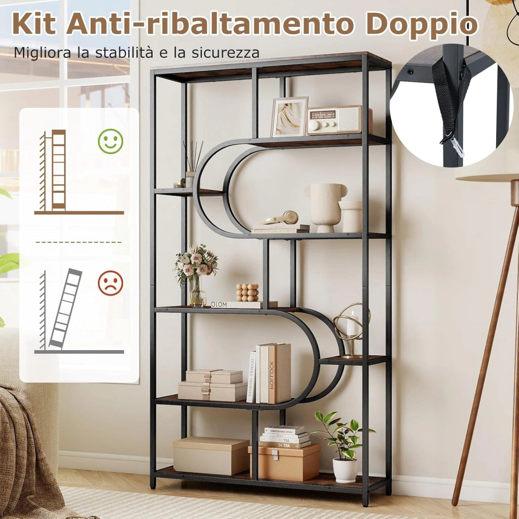 Libreria a 5 Ripiani, Scaffale Alto Autoportante a Forma Ovale con Ripiani Aperti, Struttura in Metallo, Organizer per Soggiorno e Ufficio di Casa, 95x30x175 cm (Marrone)