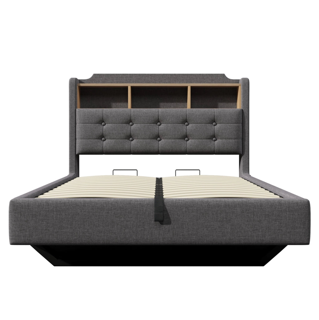 Letto imbottito 140x200 cm con LED; contenitore idraulico; USB e Type-C; lino e MDF; grigio