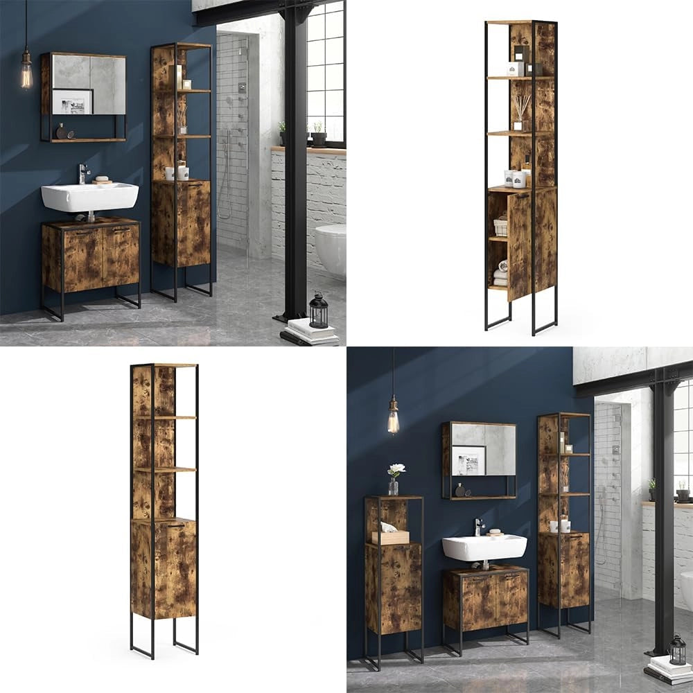 Mobile bagno alto Fyrk, Legno antico, 33 x 185 cm, per la conservazione di articoli da bagno e asciugamani