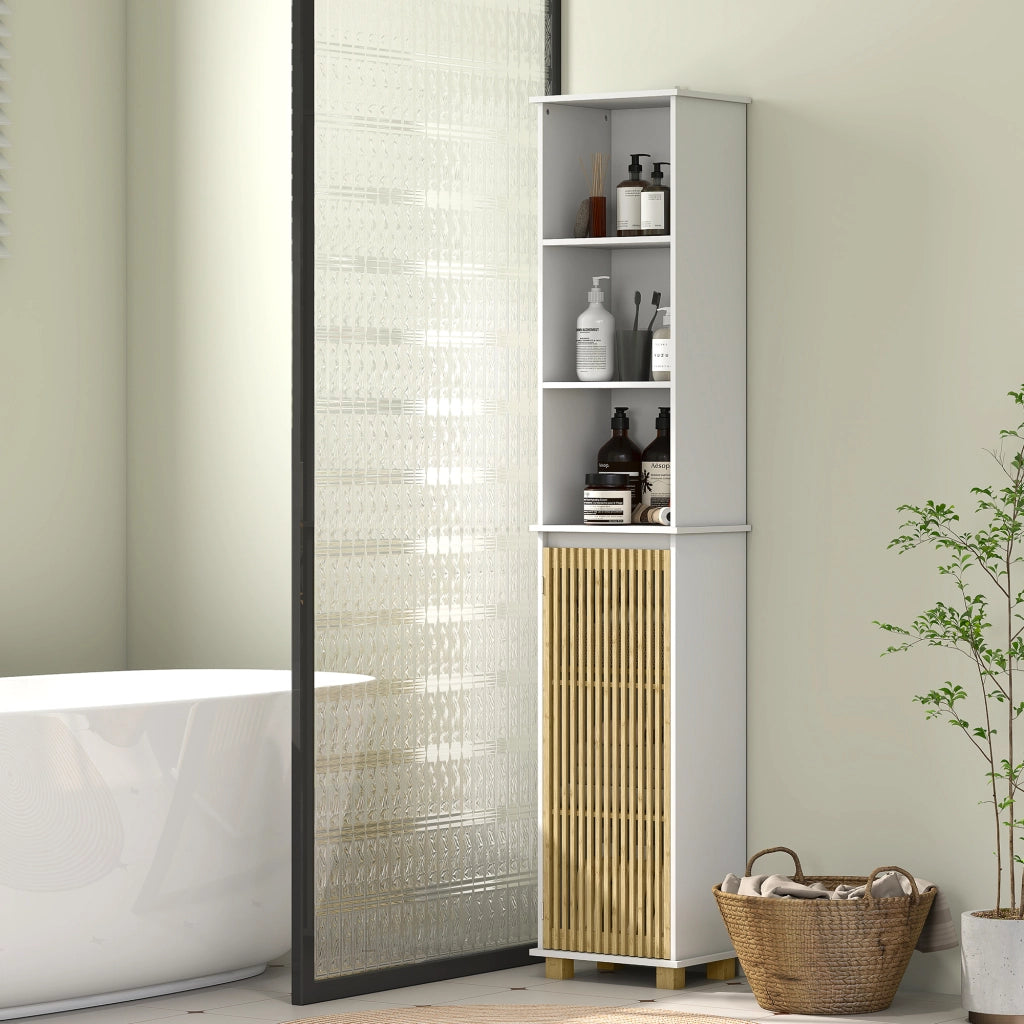 Colonna Bagno con Ante in Bamb¨´ e Ripiani Aperti ¨C Minimal ¨C Bianco