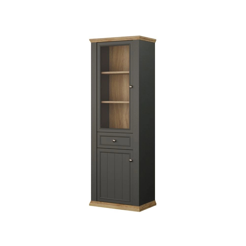 Vetrina Essenza 1 Anta Vetro e 1 Anta con Cassetto grigio scuro e Rovere 202 cm – Stile Classico