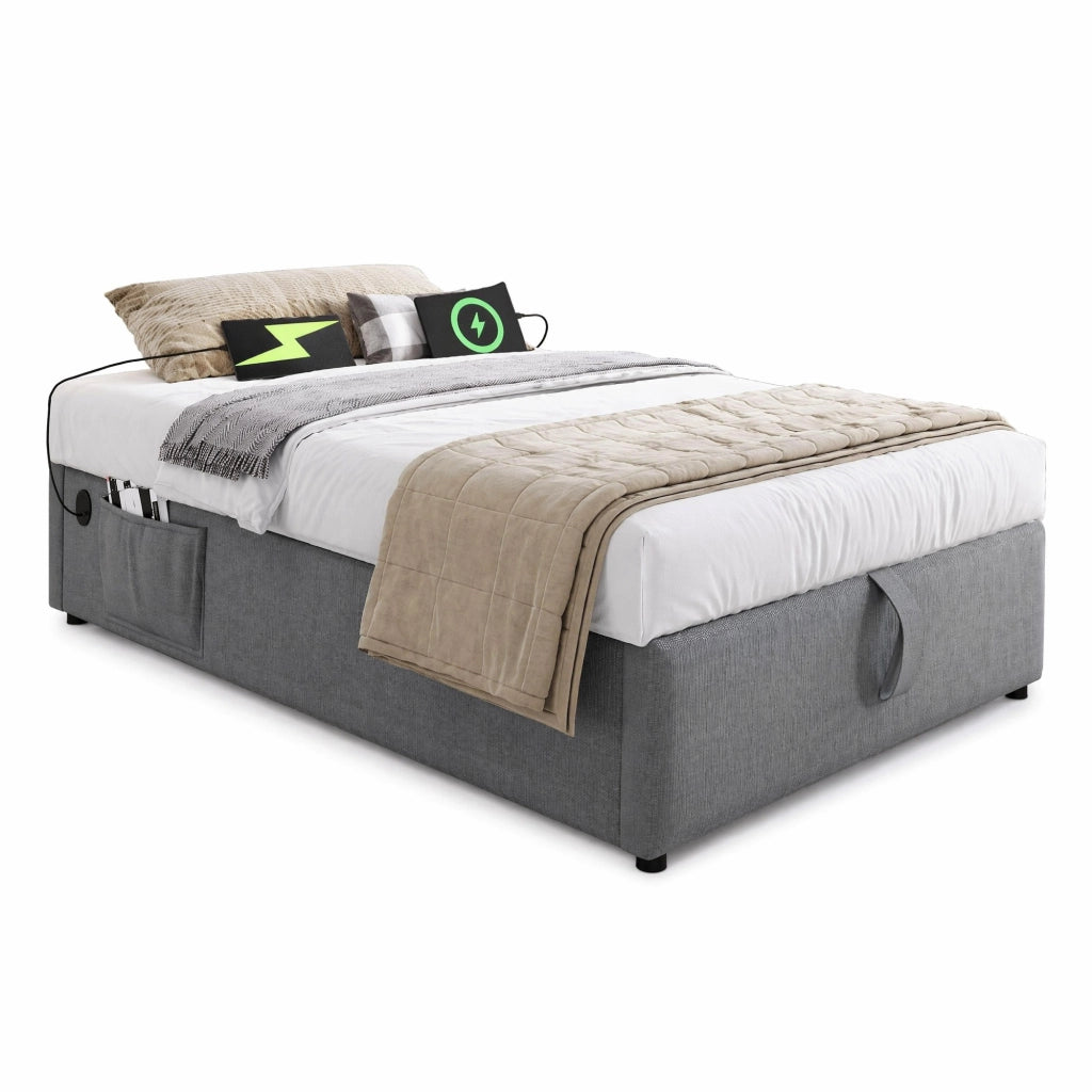 Letto singolo contenitore 90x200 cm con porte USB e Type-C, struttura in legno e metallo, grigio