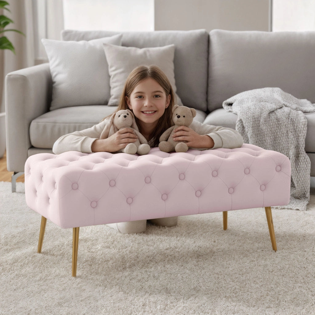 Panca imbottita in velluto trapuntato 100 cm MONACO Rosa Cipria