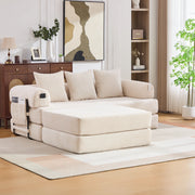 Divano modulare in corduroy con struttura in metallo, tasca laterale, 3 cuscini e pouf, design versatile beige