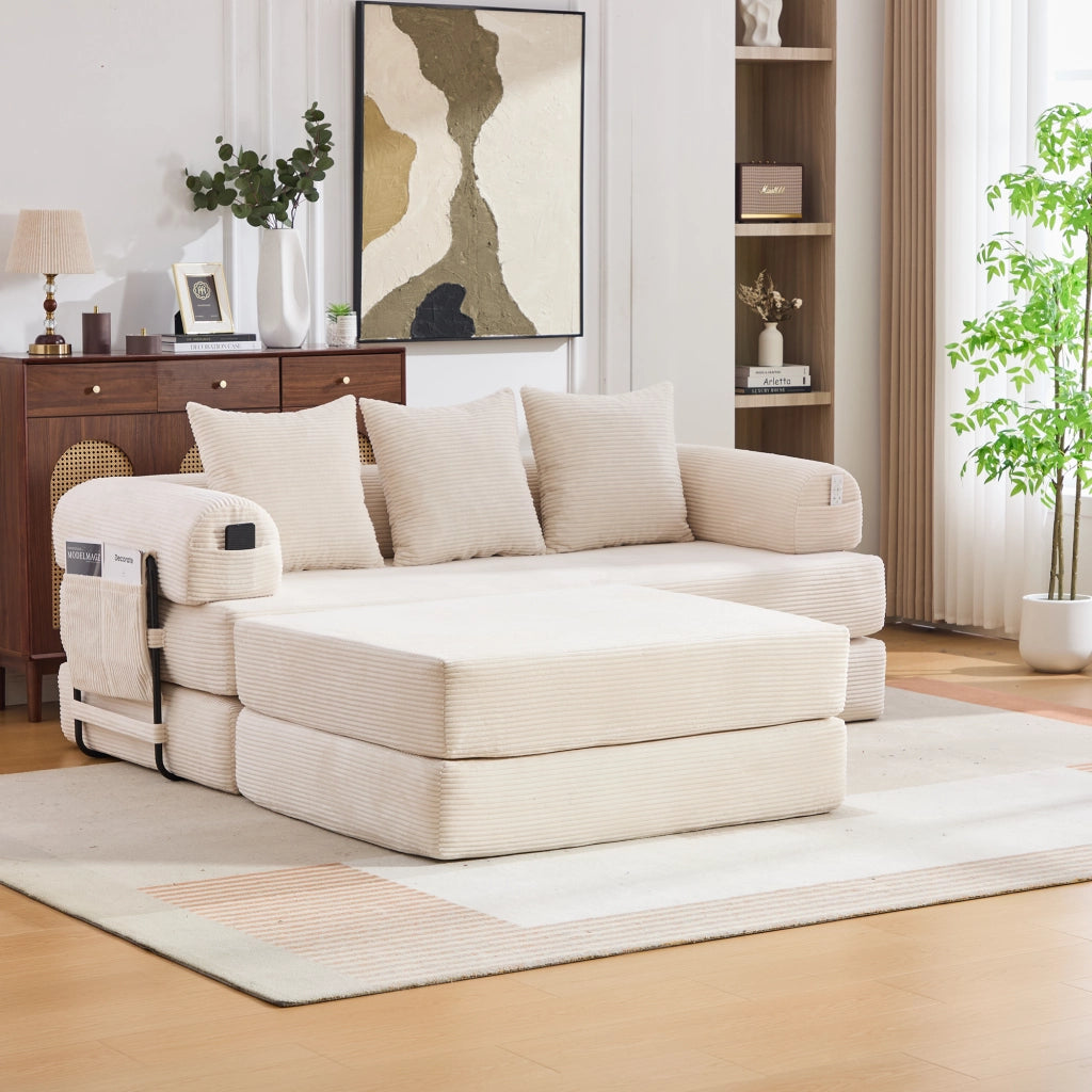 Divano modulare in corduroy con struttura in metallo, tasca laterale, 3 cuscini e pouf, design versatile beige