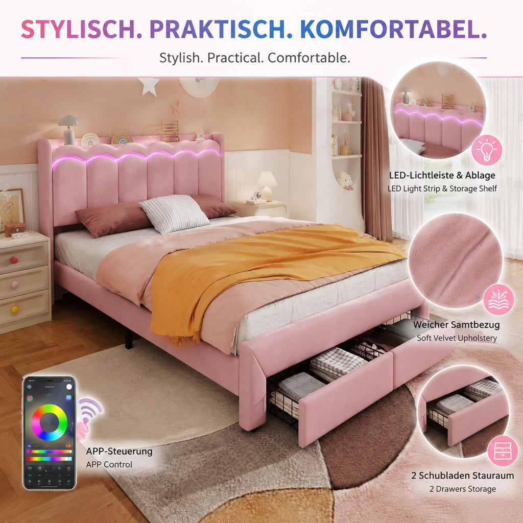 Letto imbottito per bambini 140 ¡Á 200 cm in velluto rosa con 2 cassetti e LED controllata tramite app