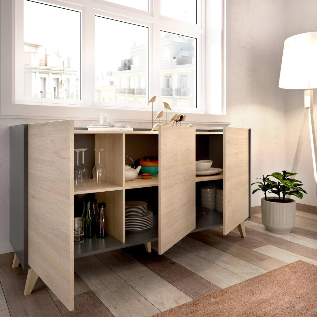 Credenza Afrodite, Buffet da soggiorno, Madia moderna da salotto a 3 ante, 155x43h75 cm, Rovere e Antracite