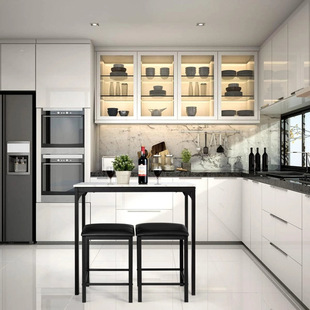 Tavolo alto da cucina e 2 sgabelli, set di 3 pezzi di sala da pranzo per 2 persone, tavolo bar cucina moderno e compatto in finitura finto marmo, mangia in piedi per bistrò, soggiorno (bianco)