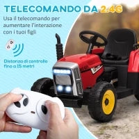 Trattore Elettrico per Bambini 3-6 Anni con Rimorchio Rimovibile, Batteria 12V e Telecomando, Rosso