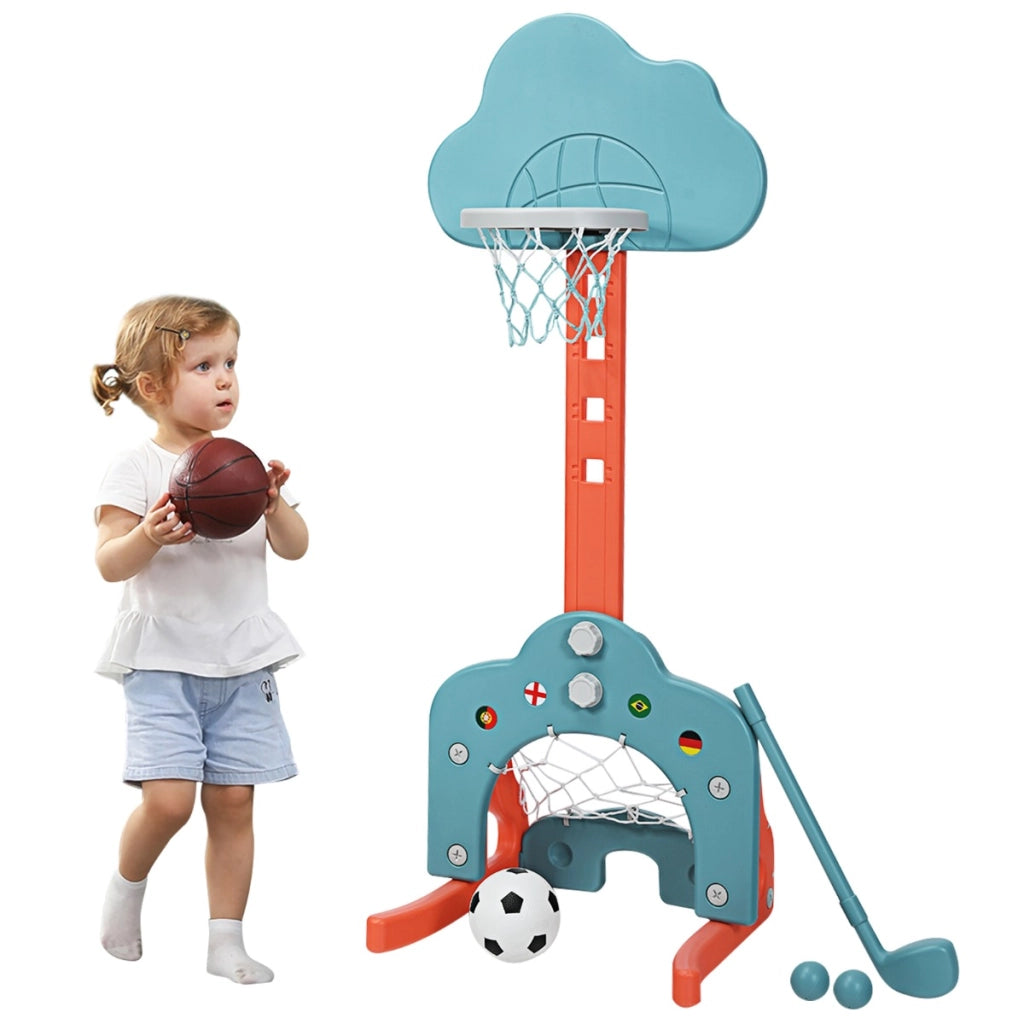Canestro da basket 3 in 1 con 5 altezze regolabili, Canestro da basket e gioco del golf per bambini Blu e arancione