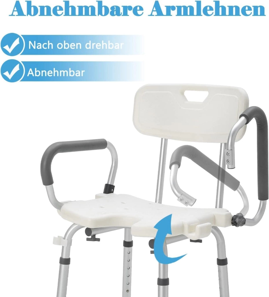 Sgabello da doccia per anziani, altezza regolabile, 37,5-50 cm, in alluminio, moderno, 150 kg, con schienale e braccioli