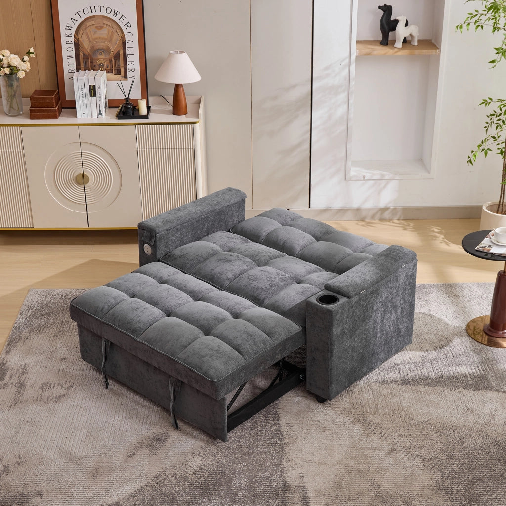 Divano letto 3 in 1 con schienale regolabile, porte USB e tipo C, portabicchieri e tavolino nascosto in tessuto grigio