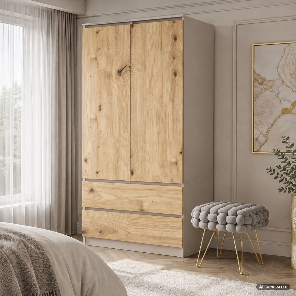 Armadio S90 Cashmere 90 cm 2 ante 2 cassetti Colore dei frontali Rovere Artisan 4 ripiani 90x51x180 cm