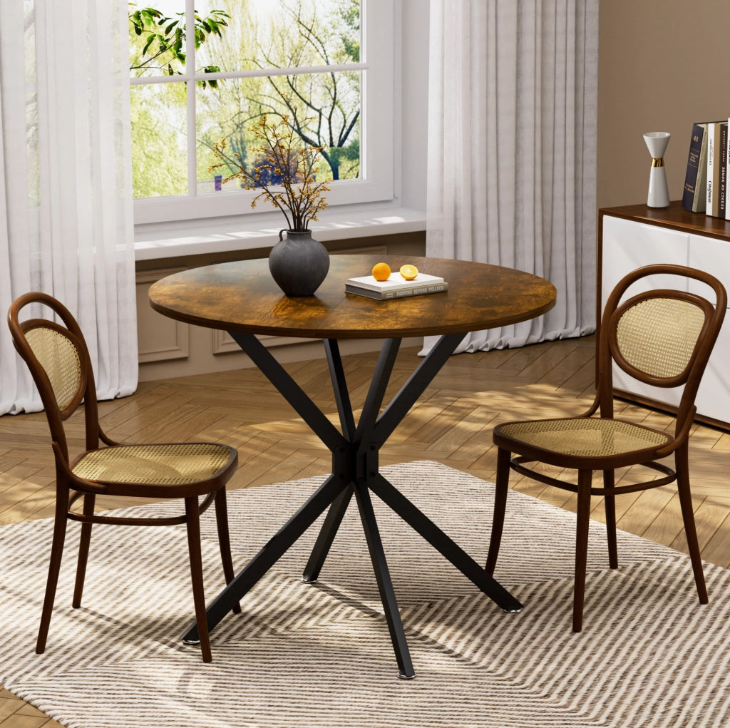 Tavolo da pranzo rotondo 90x90x78 cm; stile vintage con gambe in metallo; pannello truciolare; nero e marrone rustico