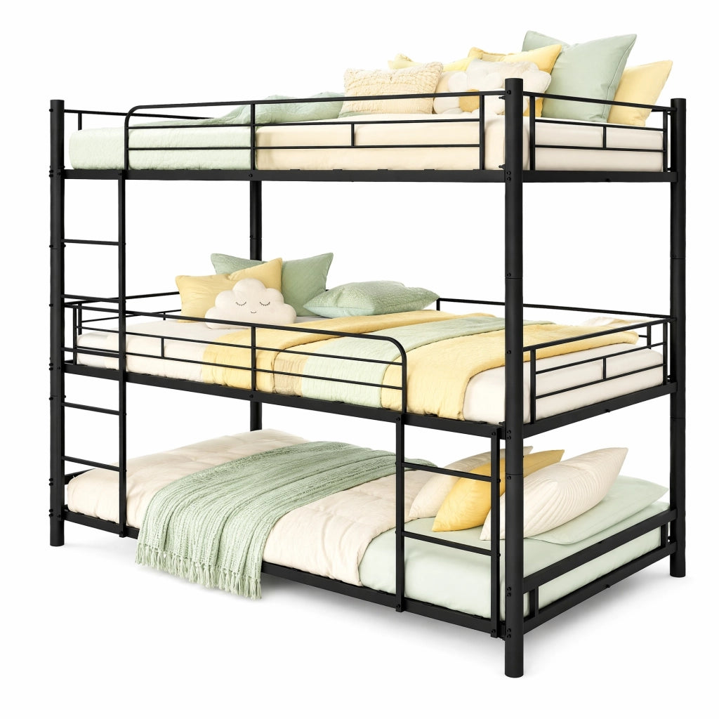LETTO a Castello Triplo in Metallo Nero con Scale Integrate