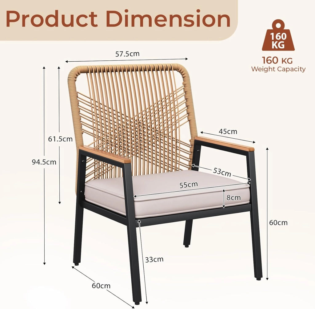 Sedie da giardino in rattan, Set da 2, Sedie da patio resistenti alle intemperie, Sedie da balcone in metallo, Portata massima 160 kg, Braccioli in WPC, Per patio, giardino e veranda, Beige