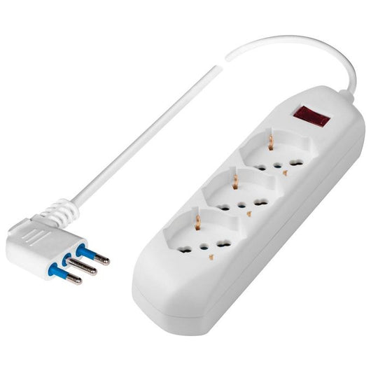 Poly Pool Presa tripla pluristandard: italiano bivalente 10/16A 2P+T, tedesco 16A 2P+T(terra laterale), con interruttore di sicurezza, 1,5m cavo H05VV-F 3X0,75mmq con spina Salvaspazio10A 2P+T, uscita cavo 90°, CE