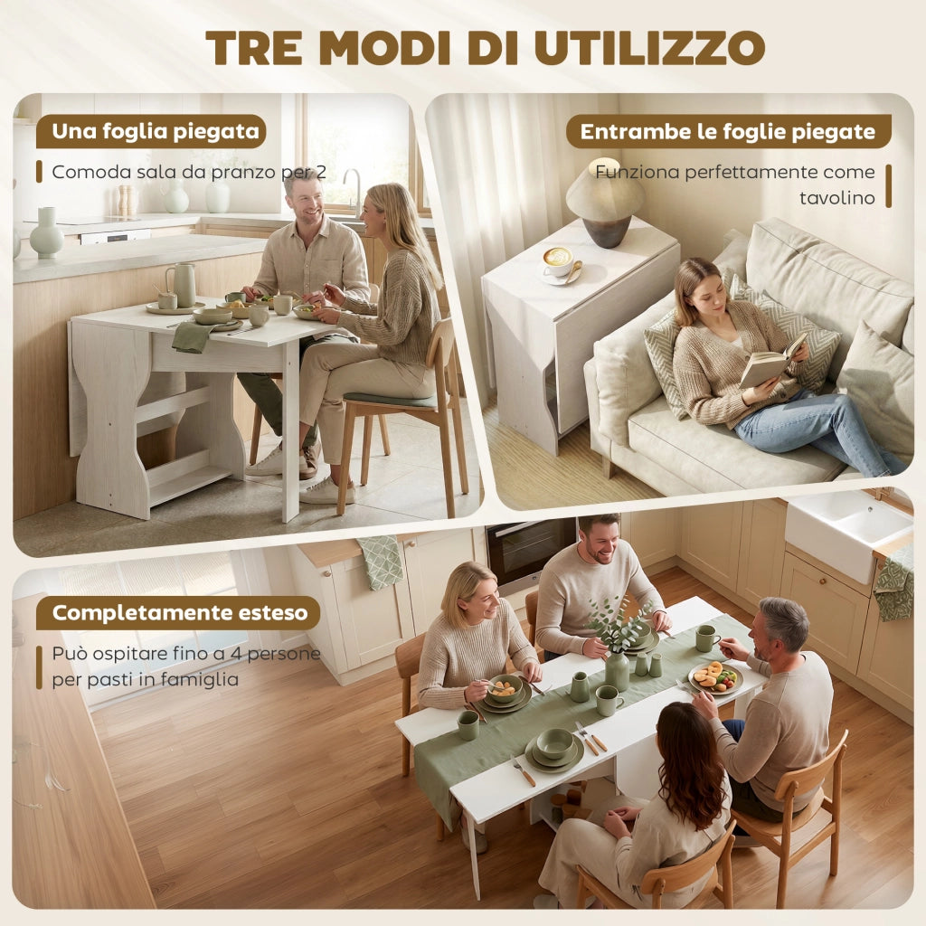 Tavolo da Pranzo Pieghevole 160x60x75 cm per 4 Persone con Ripiano in Legno Bianco