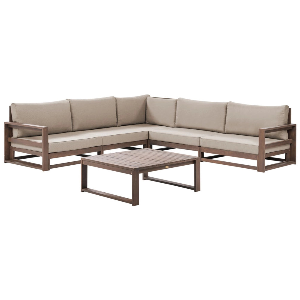 Set da giardino 5 posti in legno di acacia con cuscini grigio tortora lato destro moderno elegante