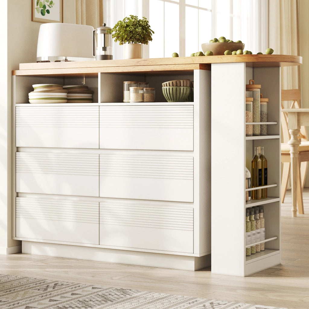 Tavolo allungabile con 6 cassetti e vani aperti, su ruote, per soggiorno e cucina, in MDF bianco, 137-215 × 39 × 102.3 cm