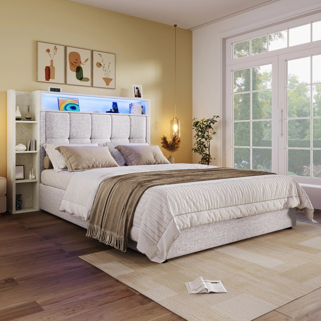 LETTO imbottito 90x200 cm in lino beige con USB e LED