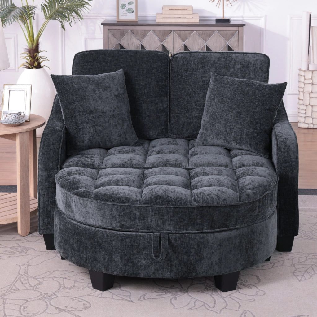 Divano letto 132x129x93 cm convertibile con pouf contenitore in legno di eucalipto nero