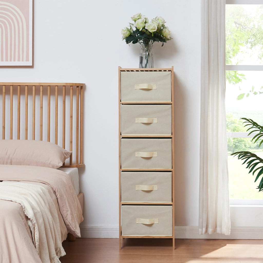 Cassettiera Maldon Comò Organizzatore con 5 Cassetti 122 x 37 x 35 cm - Naturale / Beige [en.casa]