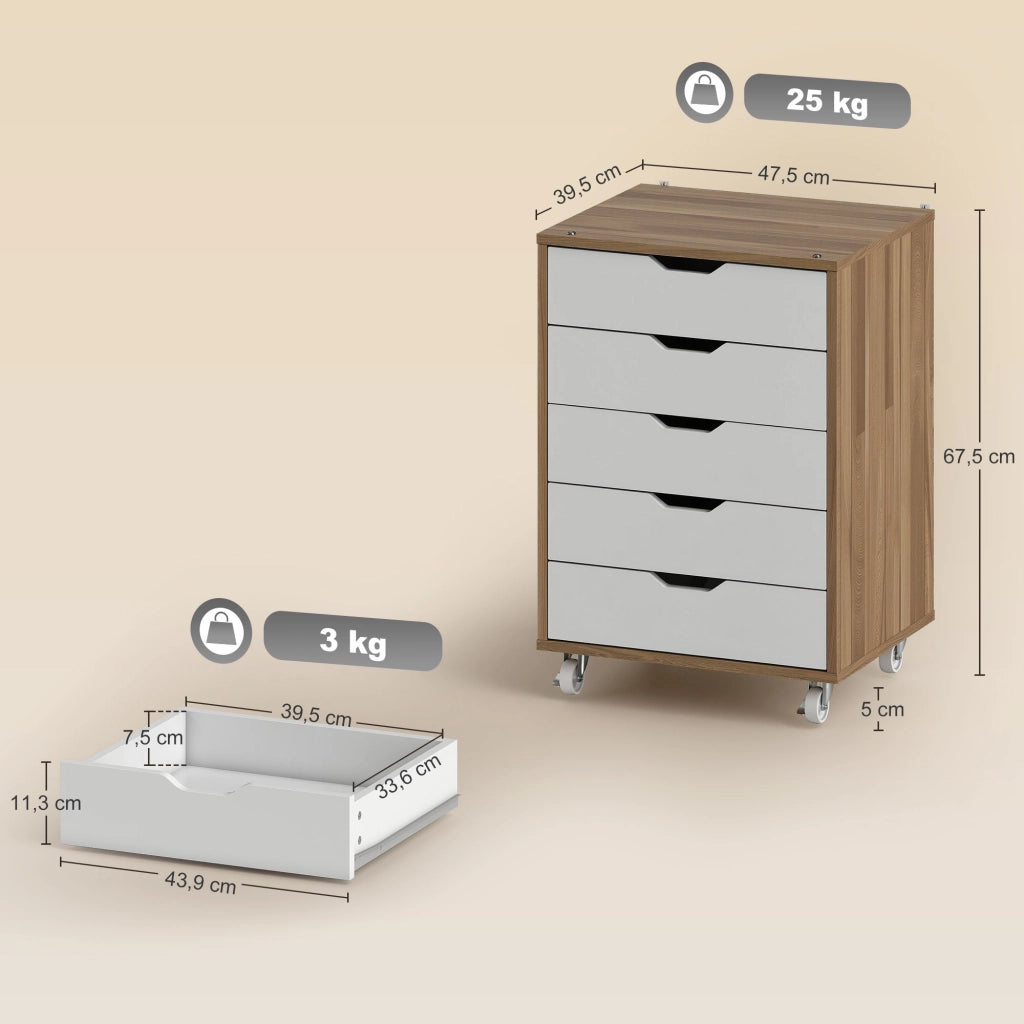 Scrivania con cassettiera mobile ¨C zephmum ¨C 5 cassetti, bianco e rovere, 47.5x39.5x67.5 cm