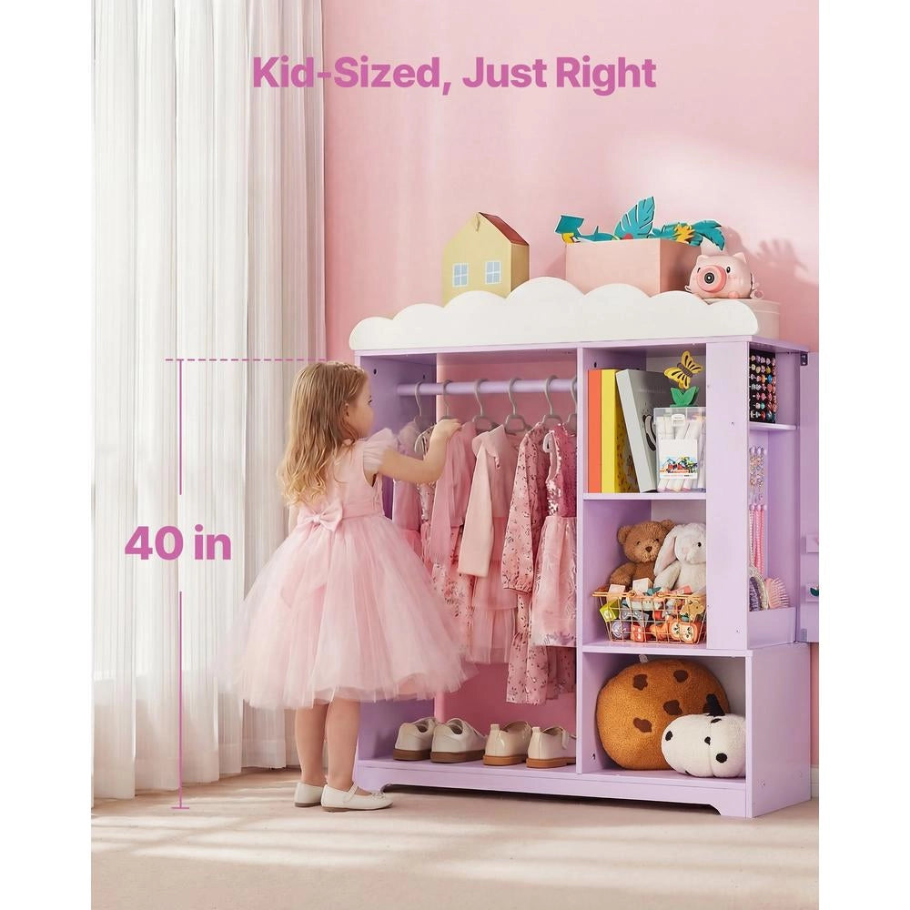 Armadio Costumi Bambini con Mobiletto Portagiochi Viola Specchio Ripiani per Camera e Cameretta