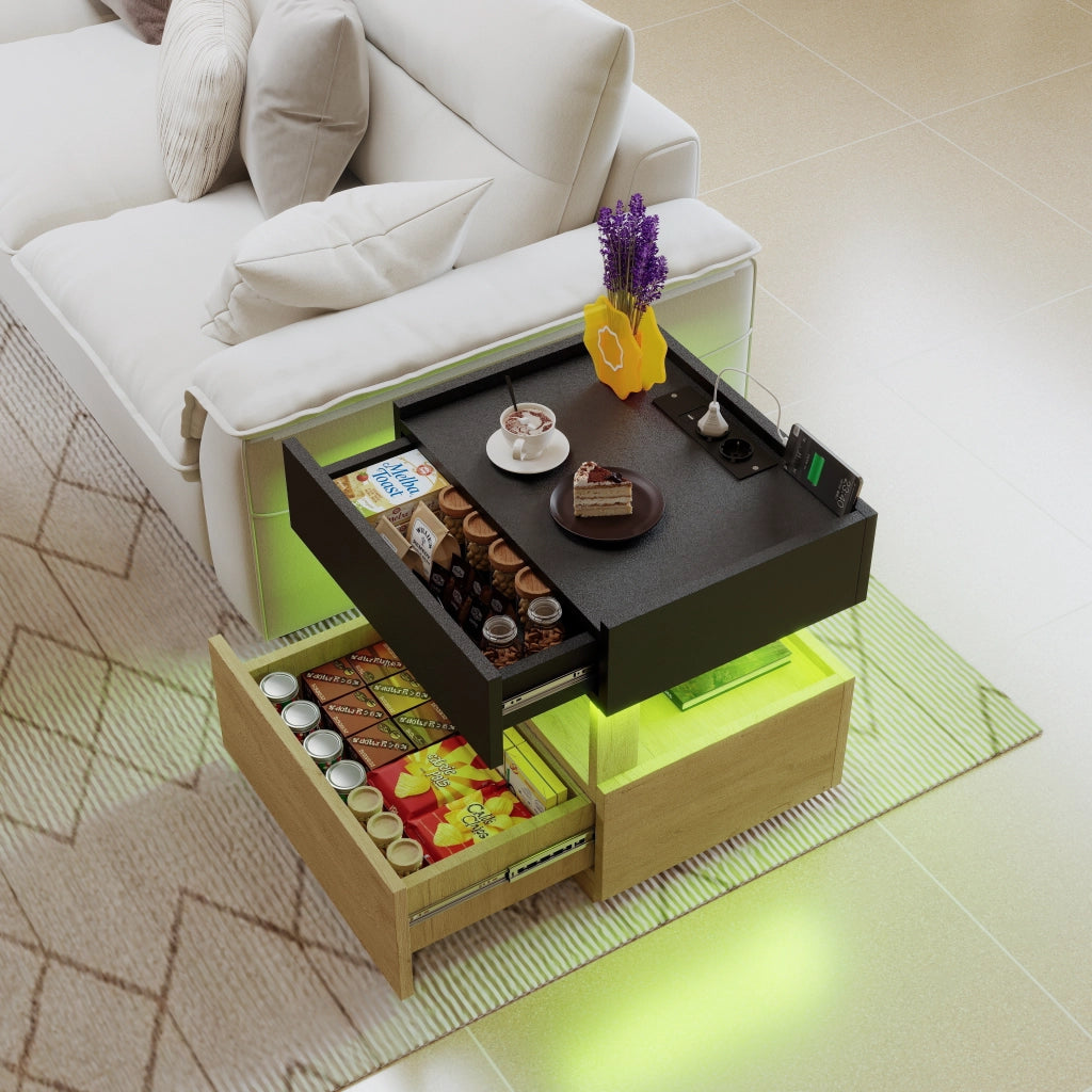 Comodino con 2 cassetti; ricarica wireless; LED e USB - per camera da letto - nero e naturale