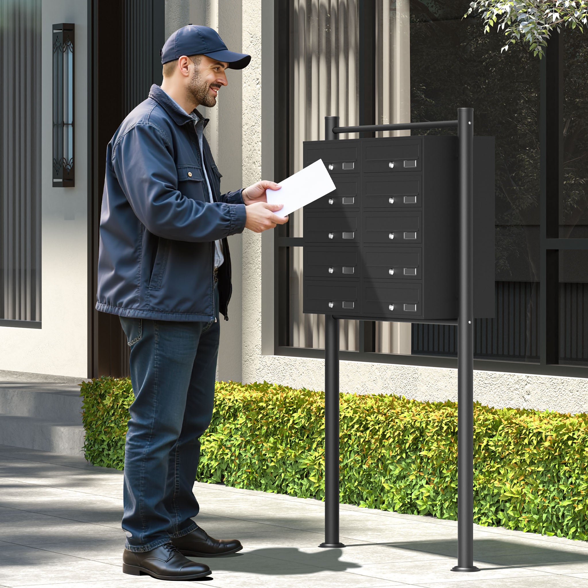 Cassetta postale condominiale autoportante, 10 posti, nero, 945 x 270 x 1500 mm 2 moduli