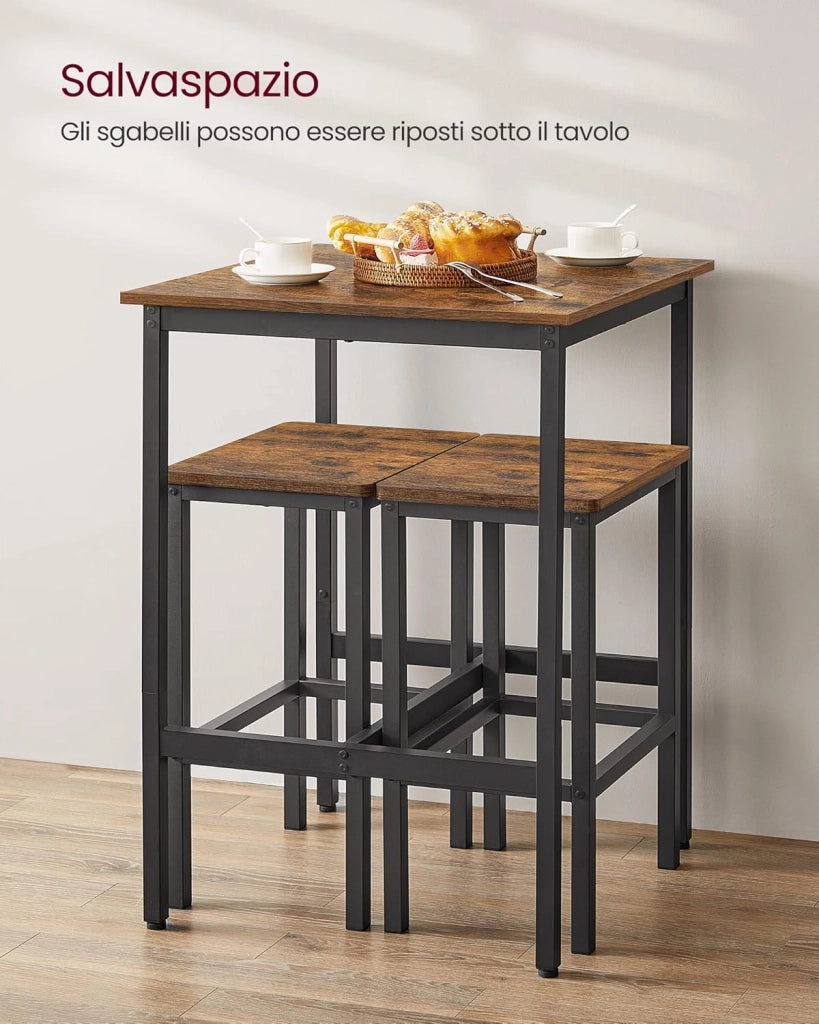 VASAGLE Tavolo Bar con 2 Sgabelli, Cucina Piccolo 60 x 60 x 90 cm, Ogni Sedia di 30 x 40 x 65 cm, Sala da Pranzo, Industriale, Marrone Vintage e Nero LBT017B01