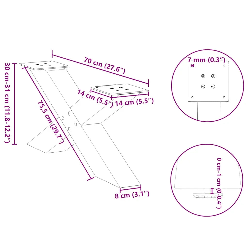Gambe per Tavolino da Caffè a Forma di X 2 pz Acciaio Naturale 70x(30-31) cm Acciaio 4012947