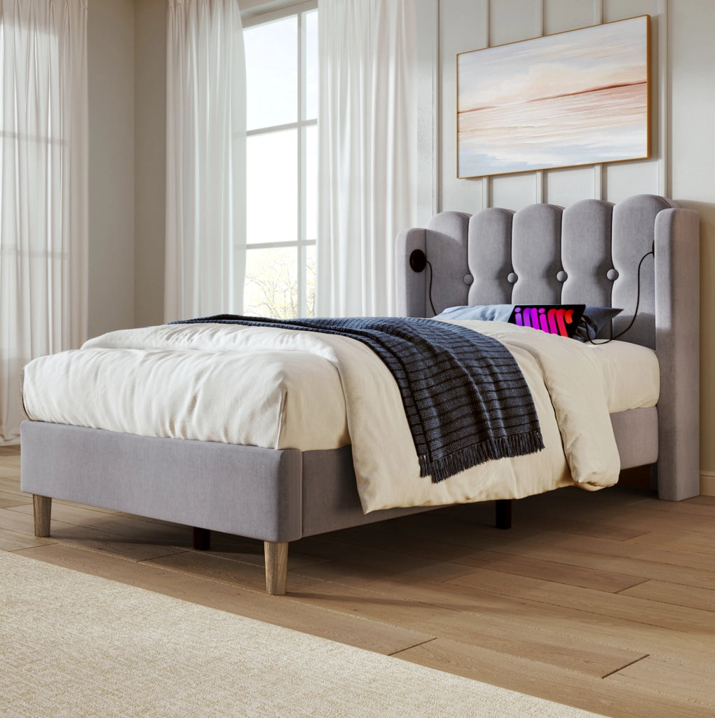 Letto singolo imbottito grigio 90x200 cm con USB e Type-C