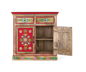 Credenza in legno di mango dipinta a mano con 2 cassetti e ante