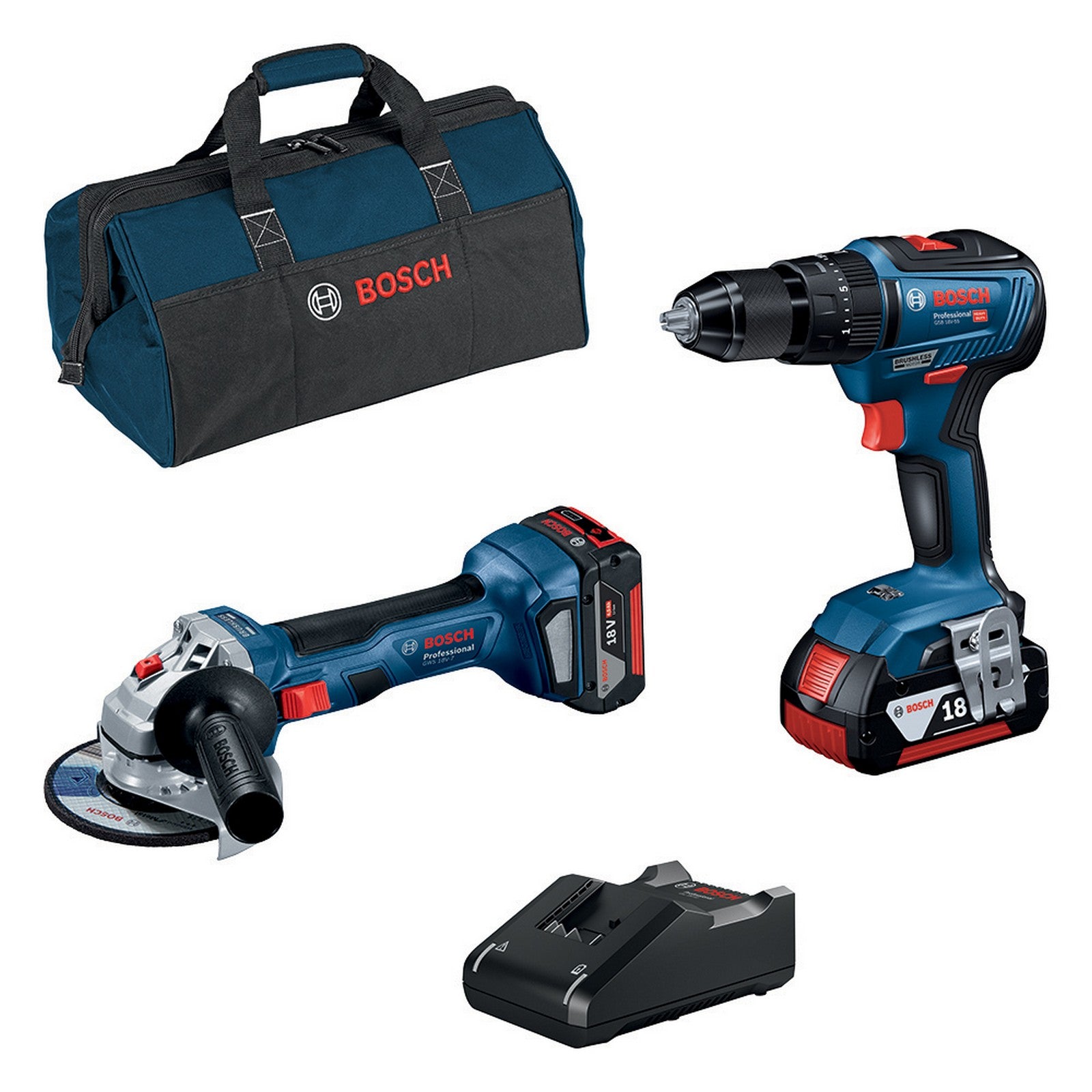 bosch-b superkit 18v trapano+smerigliatrice+2batterie 4,0ah+caricatore. cod:ferx.1893