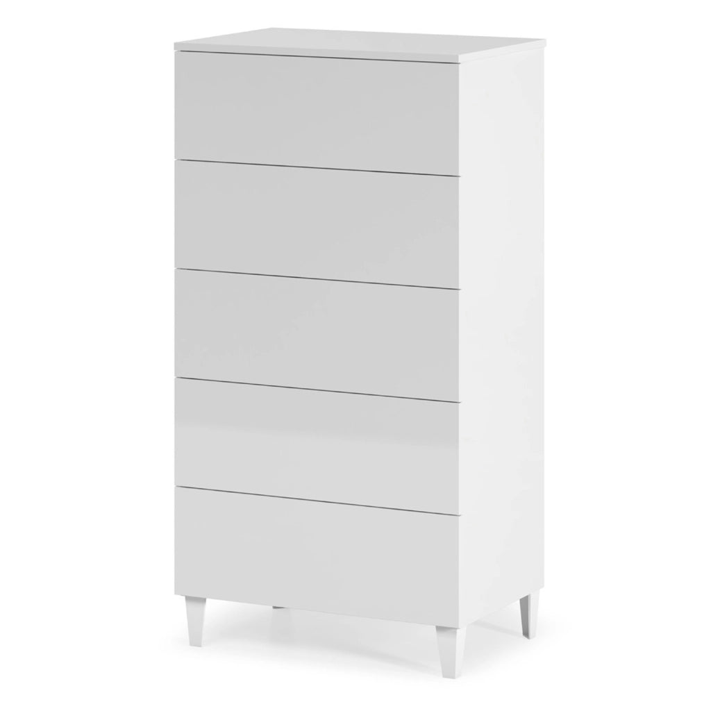 Cassettiera Settimino Con 5 Cassetti Stile Moderno Con Piedini E Struttura Compatta In Melaminico Antigraffio Per Camera Da Letto 60 X 40 X 117 Cm Bianco Lucido