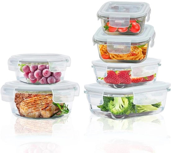 Set di contenitori in vetro a chiusura ermetica, 6 pezzi, contenitori per alimenti a chiusura ermetica con coperchi, BPA-free e impermeabili, contenitori in vetro per alimenti con coperchi per forno/congelatore, grigio