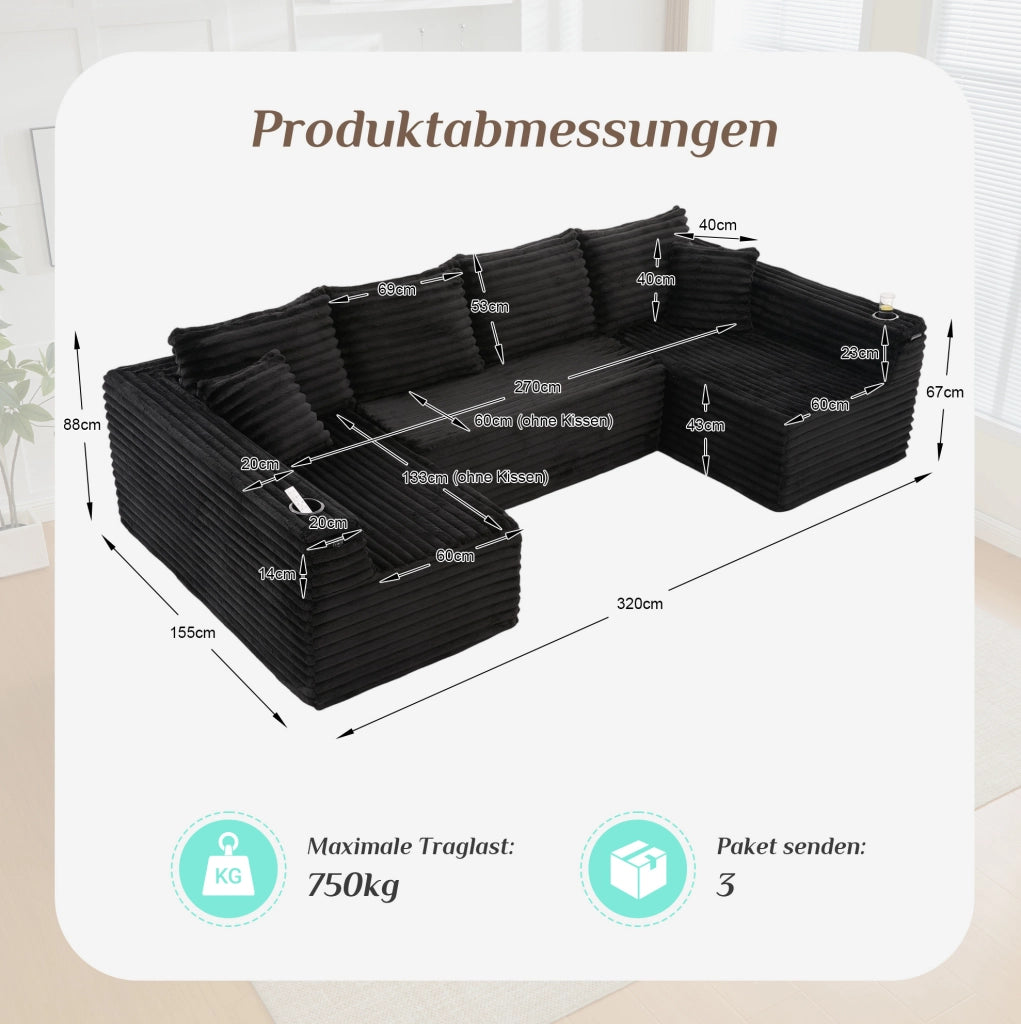 Divano modulare a U in velluto a coste nero con portabevande e tasca laterale; 320×155×88 cm