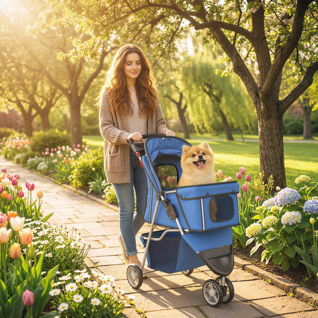 Carrello per Cani Piccoli con Finestrini in Rete ¨C zephmum ¨C 77x44x102 cm Blu